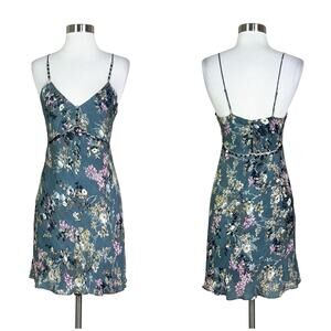 Haute Hippie | Silk Floral Chain Dusty Green Grey Slip Short Cami Dress XS